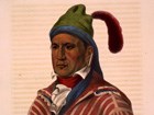 Portrait of Creek leader Menawa, with painted face and feathered hat