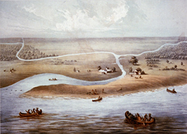 Painting of Chicago in 1820, surrounded by water and American Indians in canoes