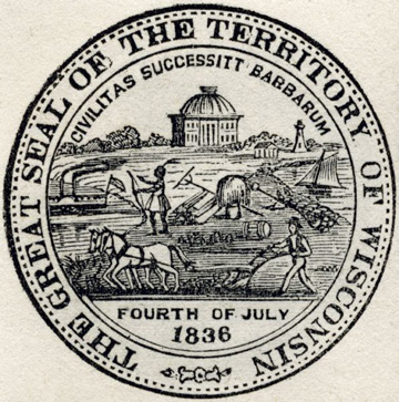 Seal of Wisconsin: a farmer and steamboat surrounding an Indian
