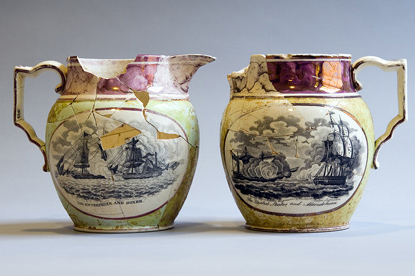 Fragmented pots showing naval battle scenes