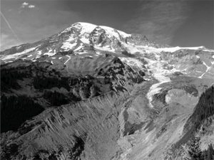 Black and white image of glacier on Mount Rainier
