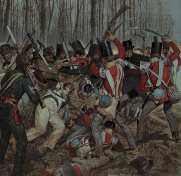 Battle scene from New Orleans with British troops in red coats battling well-dressed black soldiers