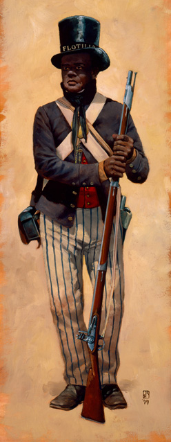Drawing of Charles Ball, black sailor in uniform holding a musket