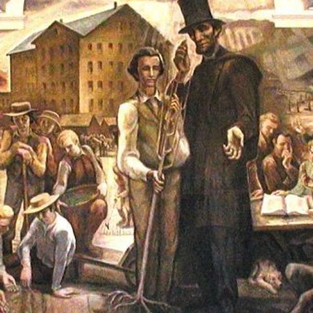 Photo of the allegorical Land Grant Fresco from Penn State University which depicts Lincoln presenting a rooted sapling to a student.