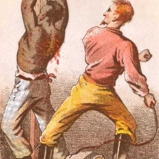 Color engraving of slave being whipped.
