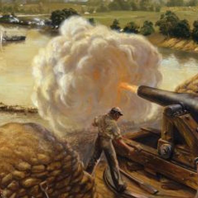 Painting of Confederate troops at Drewry's Bluff firing cannon at Union gunboats