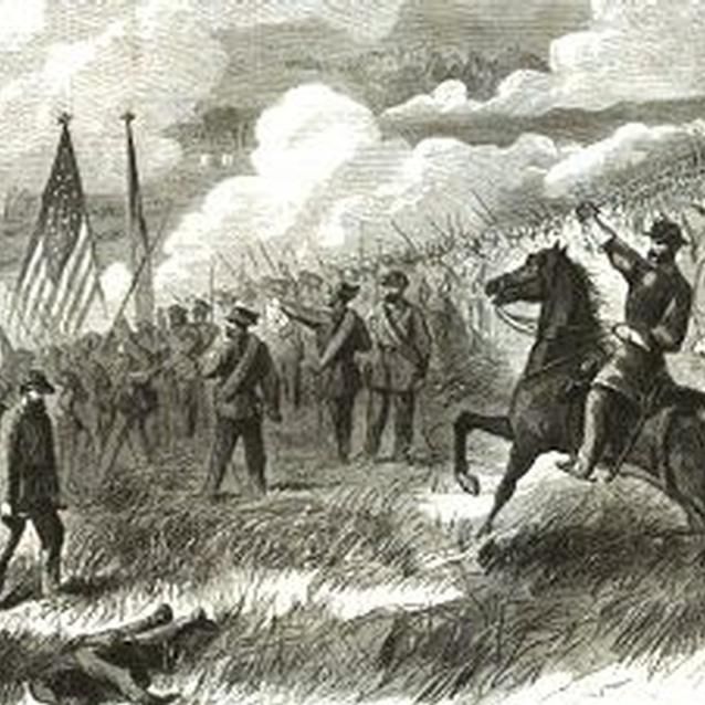 Engraving of Ambrose Burnside leading troops into battle at First Manassas