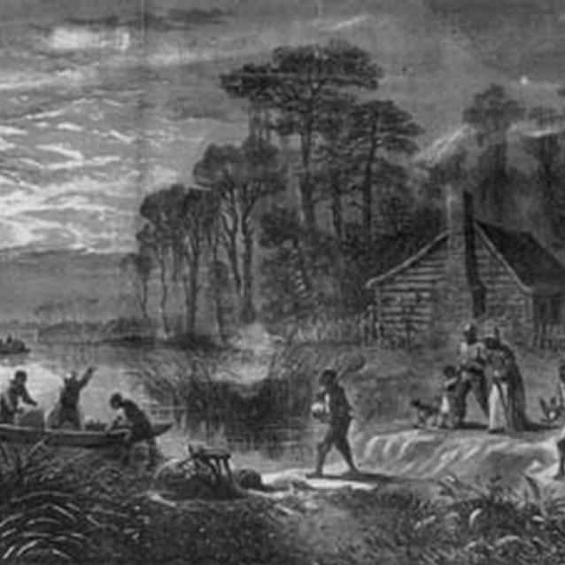 Print of an illustration of slaves running away from a plantation