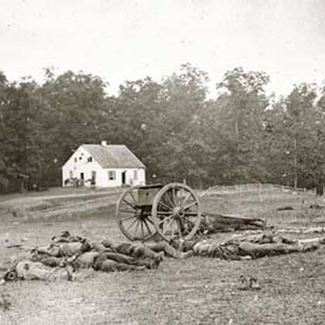 Photograph of the dead in front of Dunker Church at Antietam