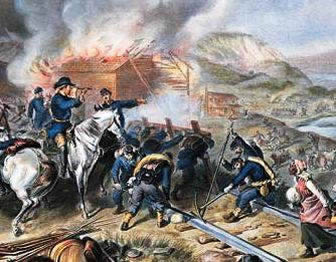 Painting of Gen. Sherman overseeing his troops tear up railroad tracks while a nearby building burns