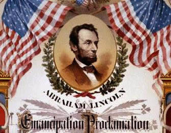 Ornate lithograph with picture of Lincoln, U.S. flags and the text of the Emancipation Proclamation