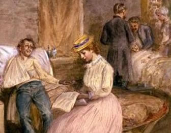 Painting of a woman reading to a wounded soldier in the hospital