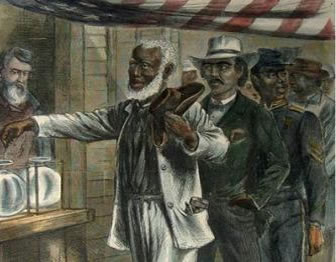 Color engraving of elderly African American man casting a ballot in an election