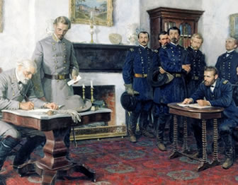 Modern painting of Robert E. Lee signing surrender at Appomattox while Ulysses S. Grant watches