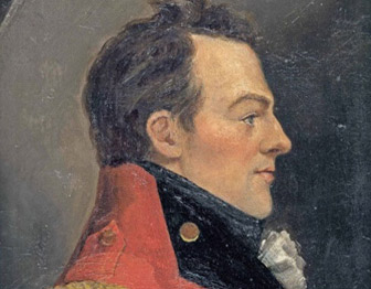 A profile painting of General Isaac Brock, in a red coat and gold epaulets.
