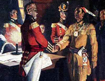 A British officer shakes hands with an American Indian leader.