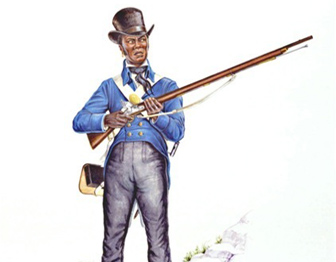 A painting of a black soldier in a top hat and blue coat, holding a musket.