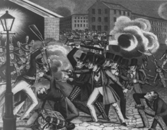 A mob of civilians armed with clubs and pistols clash with uniformed soldiers armed with muskets.