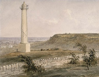 A watercolor painting depicts a tall, white column in a grassy field behind a stone wall.