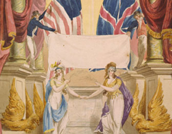Columbia and Britannia holding hands in front of white flag