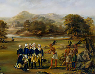 Group of American Indians and European Settlers stand in a field