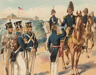 Troops in uniform around an officer on a brown horse