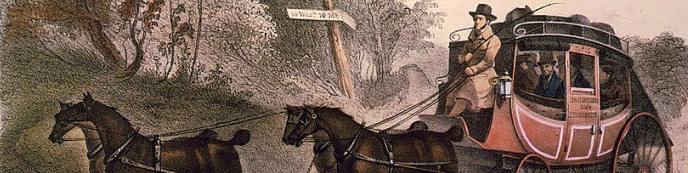 Illustration of a stagecoach being pulled by four galloping horses.