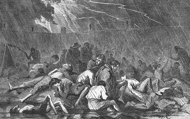 Drawing of men cowering in an open prison pen during a storm.