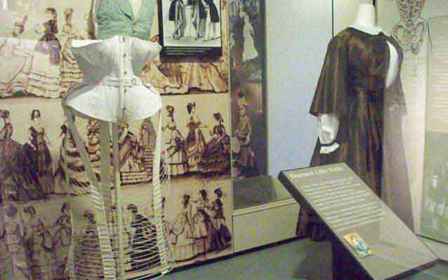 A Bloomer costume and a corset, on exhibit in the museum at Women’s Rights National Historical Park.