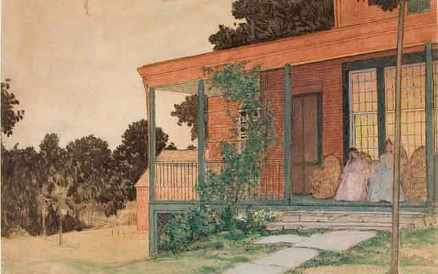 Pieces like Weir's "On the Porch, Branchville" were stylistically influenced by Japanese woodblock prints.