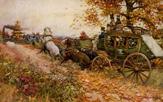 A painting of stagecoach horses being spooked by the new form of transportation, the train