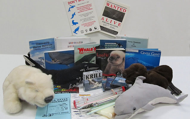 Polar bear, whale, and otter puppet along with books, posters, and activities are displayed.
