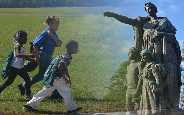 Children walking the prison site and image of a cemetery monument