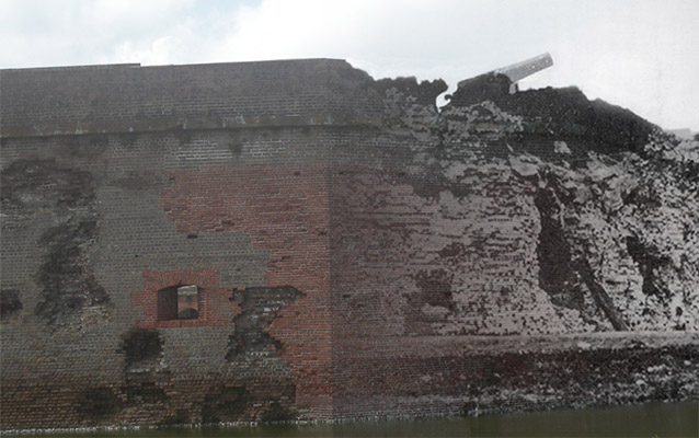 Blended photo showing modern fort and old battle damage.
