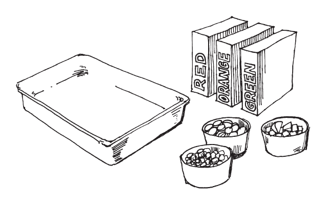 A rectangular pan and three cups of colored objects