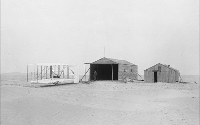 The Wright brothers' camp on the Outer Banks with the flyer in 1903.