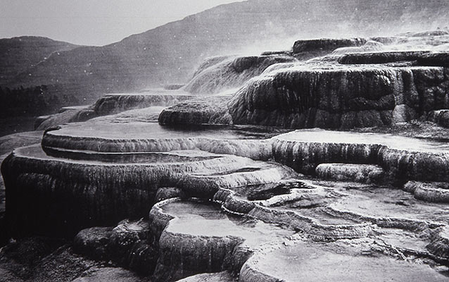 Historic black and white photograph of the Mammoth Terraces 