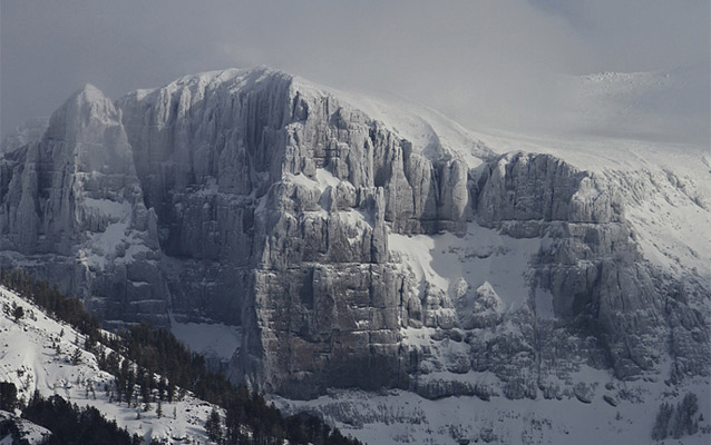 West ridge of Amphitheater Mountain, covered in snow