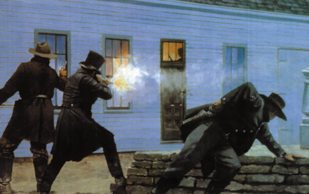 Artists' depiction of Montgomery's Raid-Men firing towards builing.