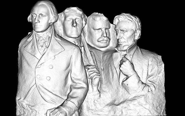 A digital rendering of the 1/12th scale plaster model of Mount Rushmore.