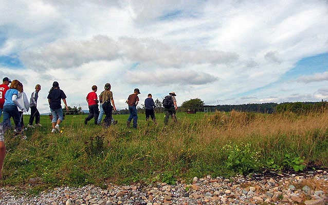 Walking in a field.