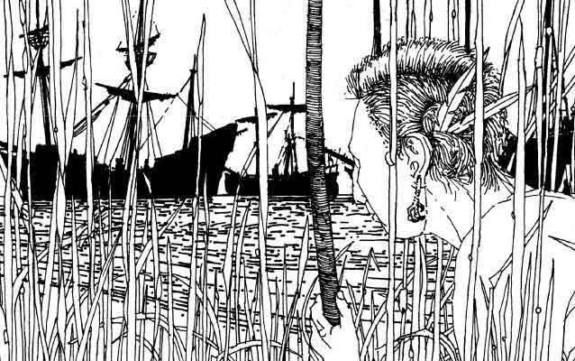 A Native American observes a shallop on the Chesapeake Bay