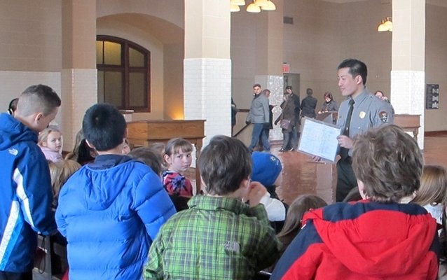 Park ranger with upper elementary school students in the Great Hall