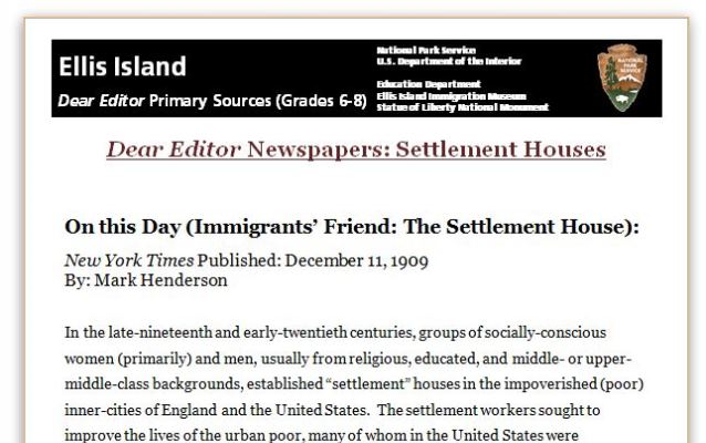 Top portion of a reference sheet used during at activity at Ellis Island; text