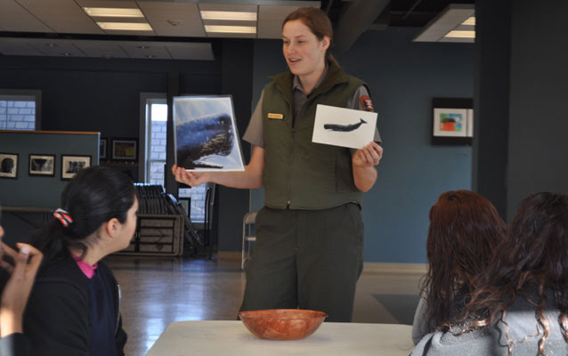 Students look on as a ranger show pictures of Sperm whales and describes different types of whales.