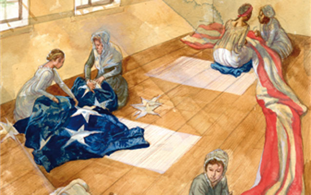 Mary Pickersgill and the members of her household sewing the Star-Spangled Banner Flag.