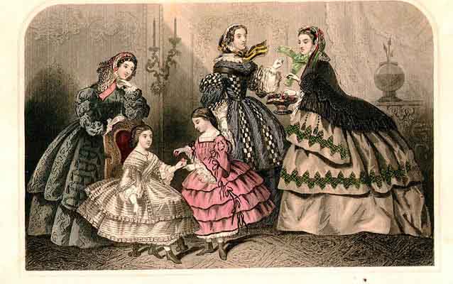 Illustration plate from Godey’s Lady’s Book. March, 1859 showing fashions of the period.