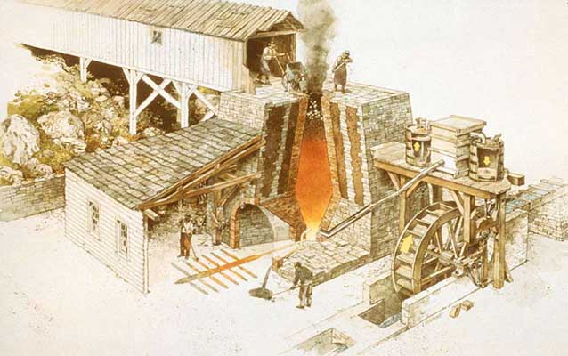 19th-century blast furnace in operation