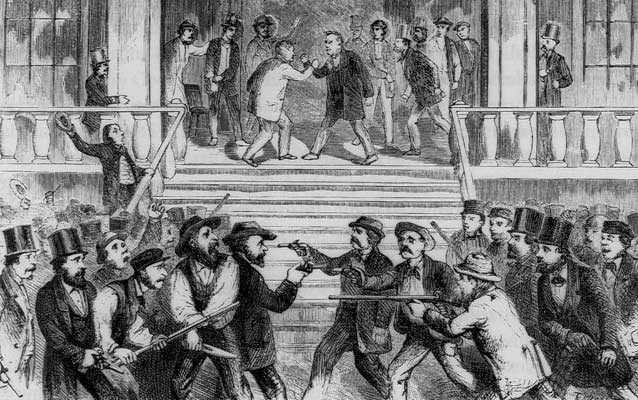 sketch of two groups of men yelling at and drawing guns on each other