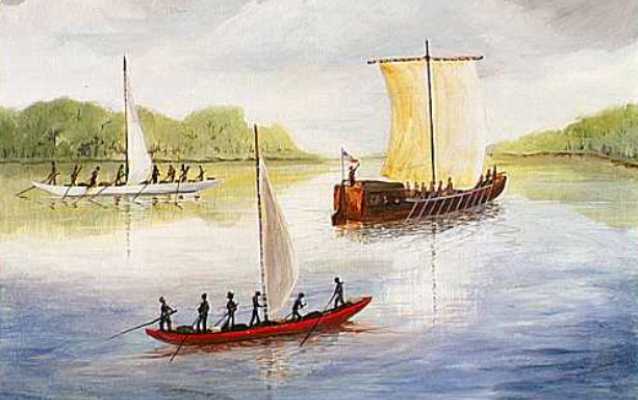 Illustration of Lewis and Clark's three boats on the river